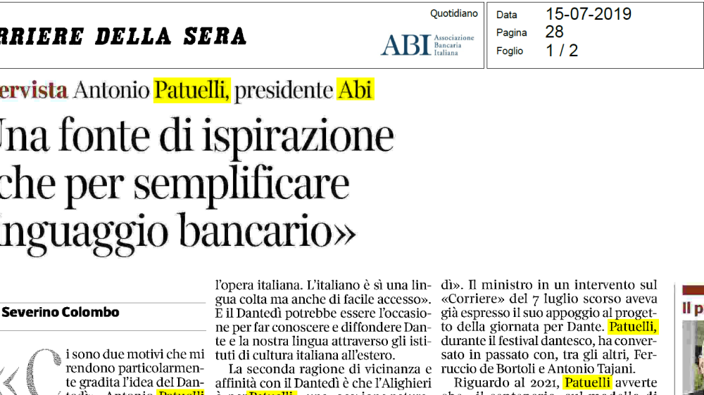 Dantedì: intervista al Corriere della Sera del Presidente Patuelli