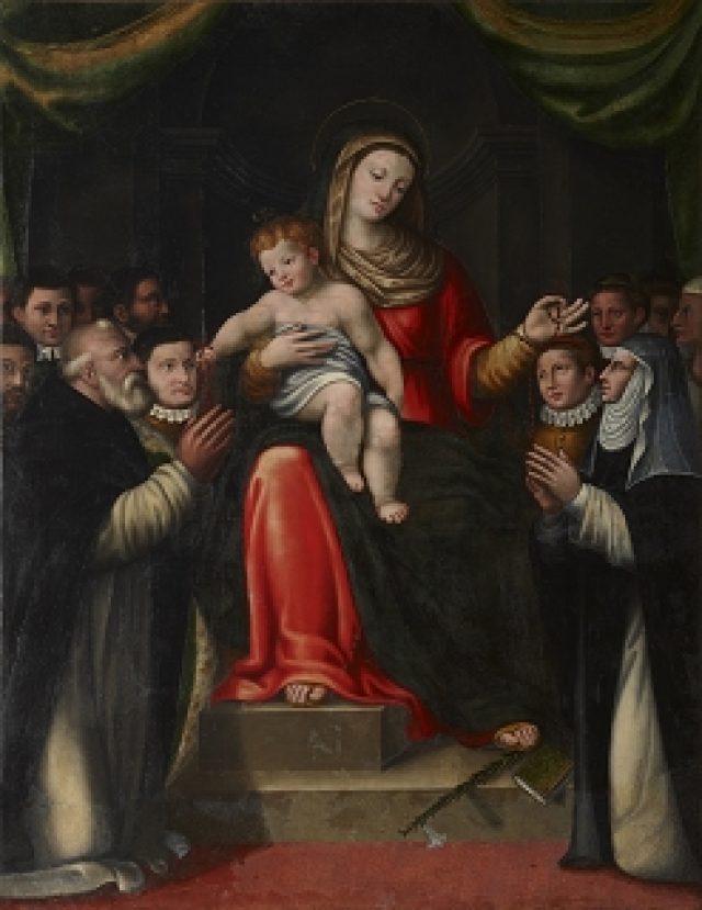 Madonna con il Bambino che porgono un rosario a una monaca e a un monaco barbato