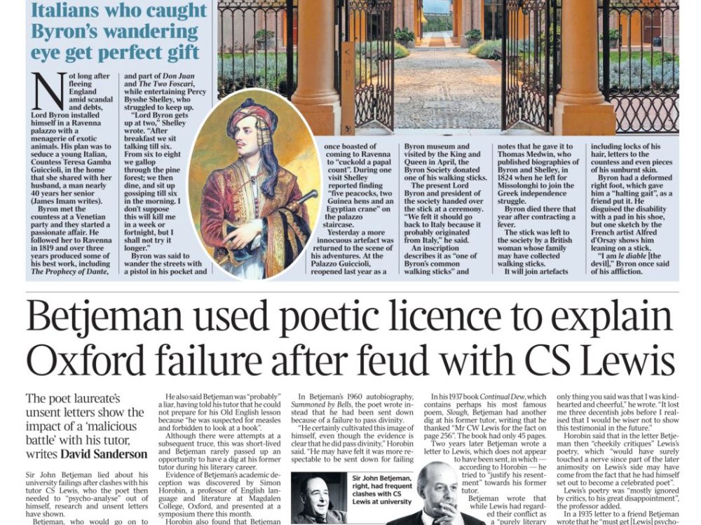 Il bastone da passeggio di Lord Byron donato ai Musei a pagina 3 del ‘The Times’ di oggi