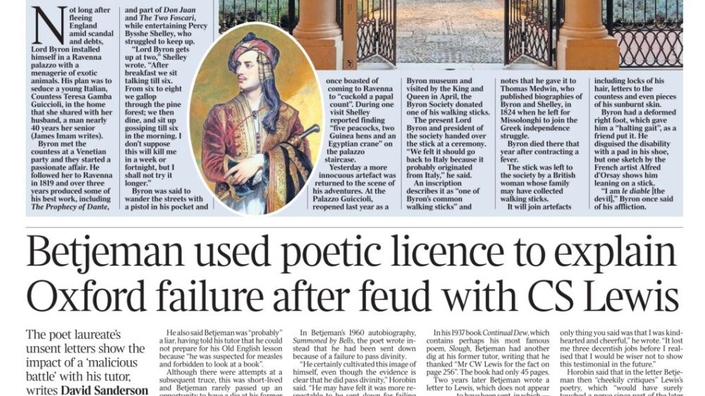 Il bastone da passeggio di Lord Byron donato ai Musei a pagina 3 del ‘The Times’ di oggi