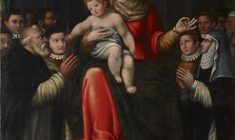 Madonna con il Bambino che porgono un rosario a una monaca e a un monaco barbato